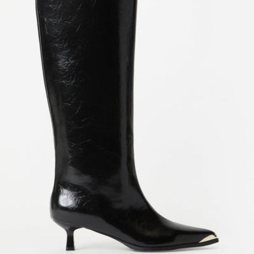 SHOEDAZZLE KNEE HI BOOTS FAUX LEATHER 1" KITTEN HEEL INNER ZIP TRUE TO SIZE